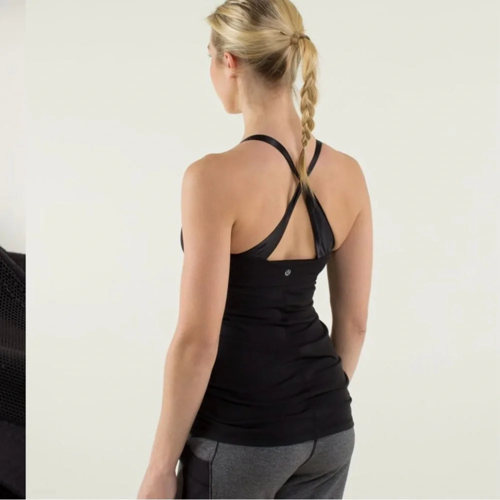 Lululemon Practice Daily Tank Black Long Length Size 8 Shelf Bra Luon Fabric - Picture 2 of 6